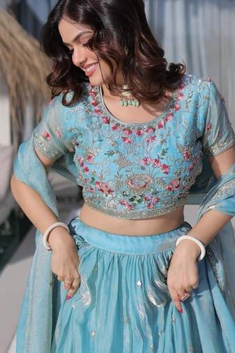 sky blue floral embroidered lehenga choli with dupatta