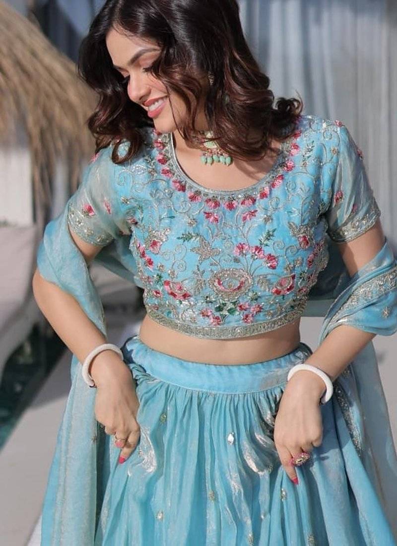 sky blue floral embroidered lehenga choli with dupatta
