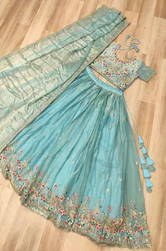 sky blue floral embroidered lehenga choli with dupatta