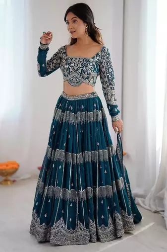 Teal Blue Embroidered Lehenga