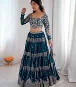 Teal Blue Embroidered Lehenga