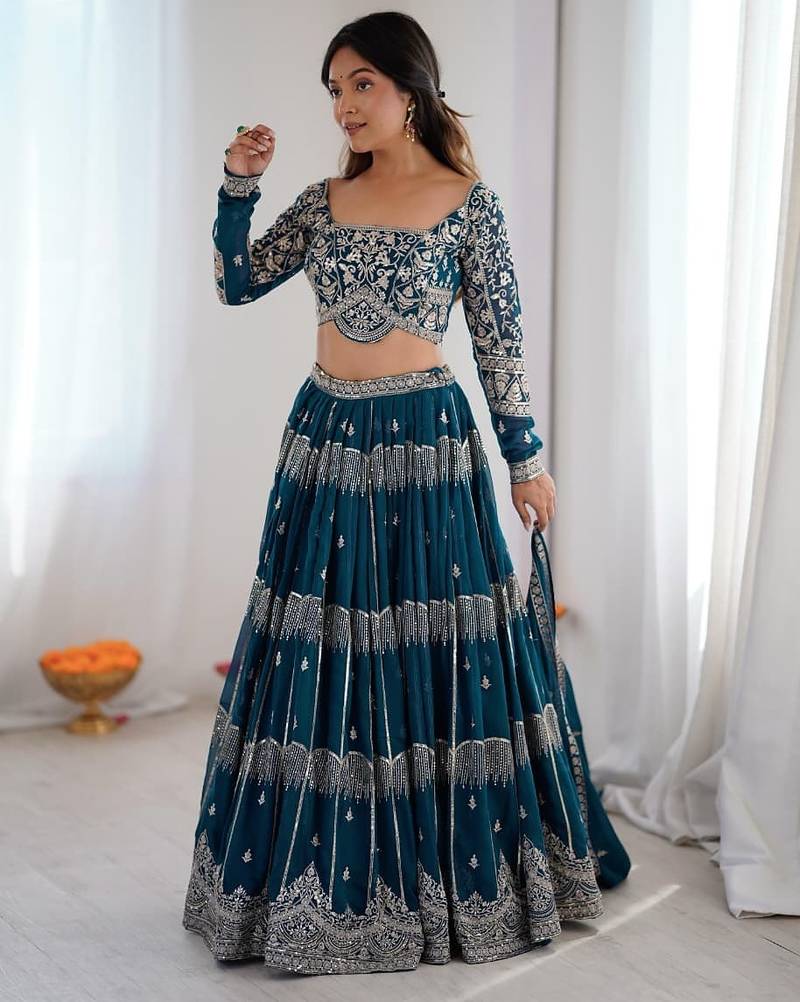 Teal Blue Embroidered Lehenga