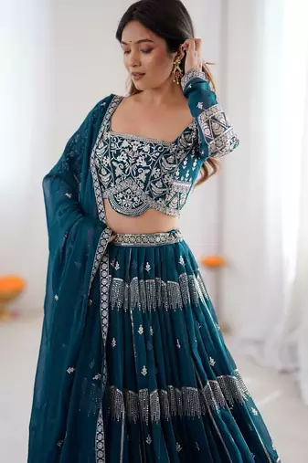Teal Blue Embroidered Lehenga