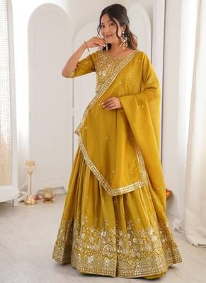 mustard yellow embroidered lehenga choli with dupatta 2