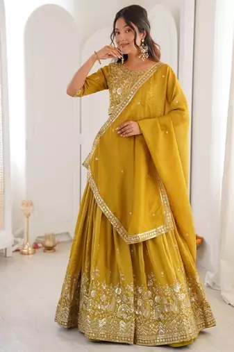 mustard yellow embroidered lehenga choli with dupatta