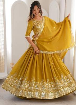 mustard yellow embroidered lehenga choli with dupatta 1