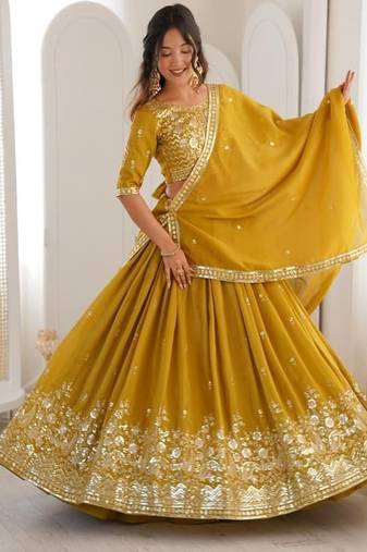 Mustard Yellow Embroidered Lehenga Choli with Dupatta
