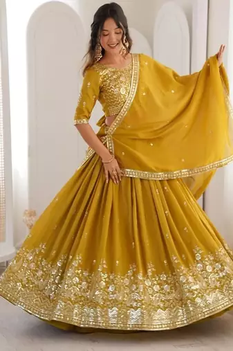 Mustard Yellow Embroidered Lehenga Choli with Dupatta