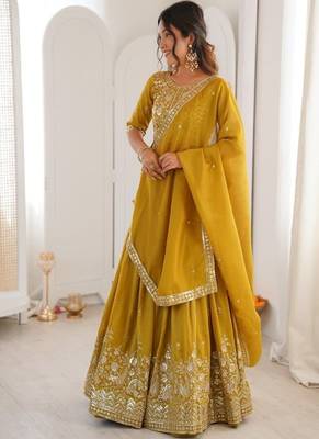 mustard yellow embroidered lehenga choli with dupatta 3