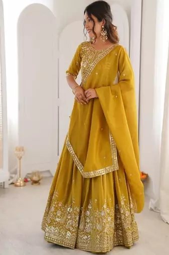 mustard yellow embroidered lehenga choli with dupatta
