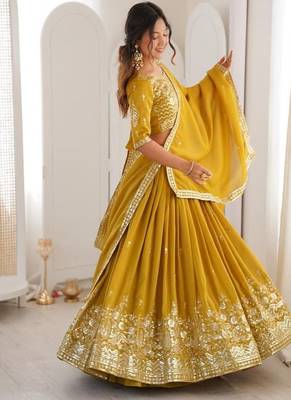 mustard yellow embroidered lehenga choli with dupatta 4