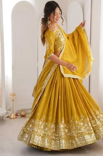 mustard yellow embroidered lehenga choli with dupatta
