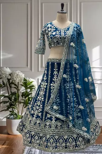 teal Blue Embroidered Lehenga\
