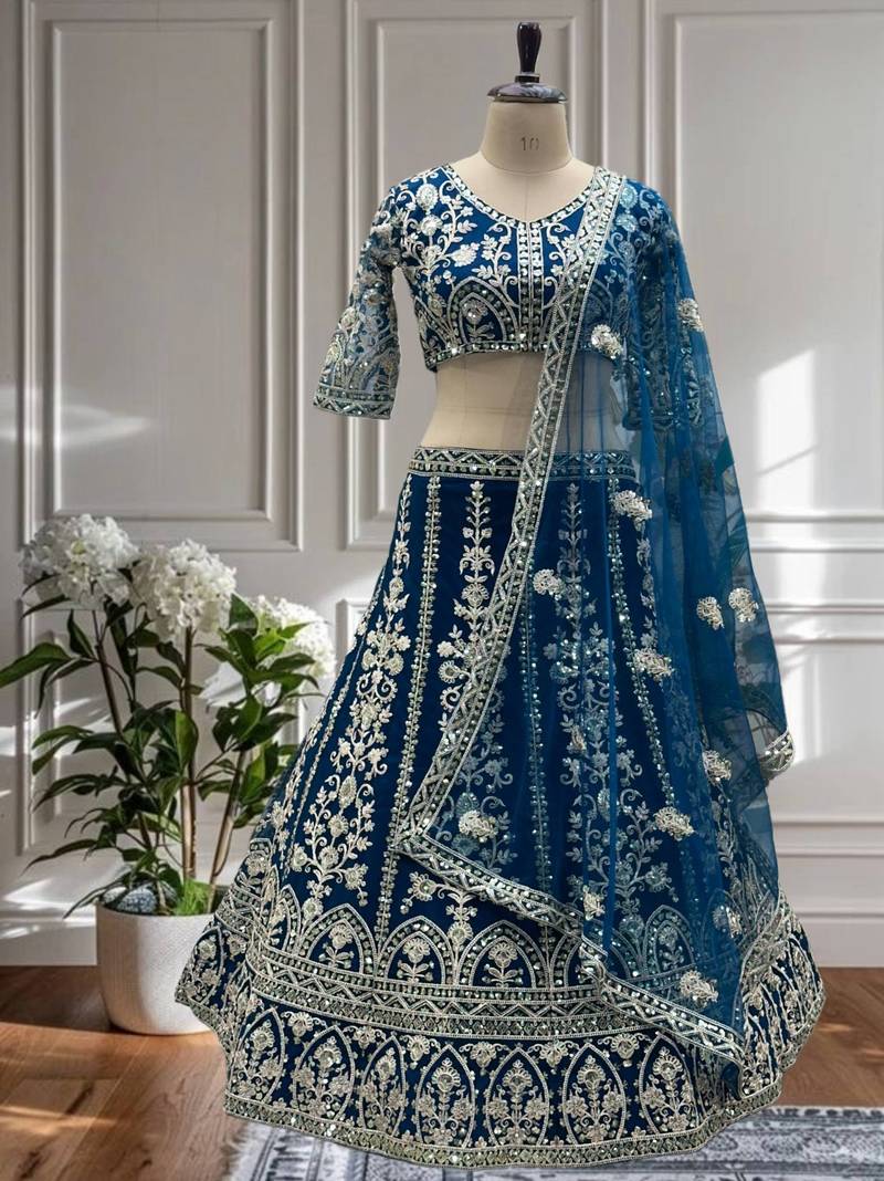 teal Blue Embroidered Lehenga\