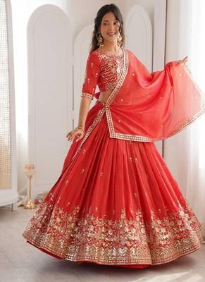orange  designer lehenga choli with embroidered border 1