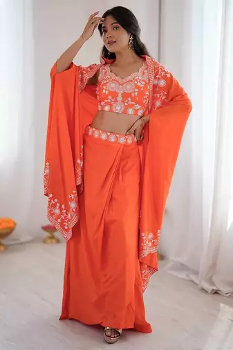 orange draped lehenga Set