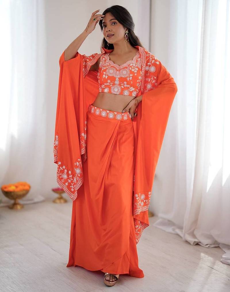 orange draped lehenga Set