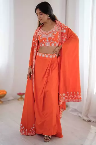 orange draped lehenga Set
