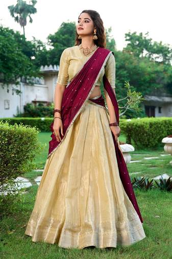 light-gold lehenga with maroon dupatta