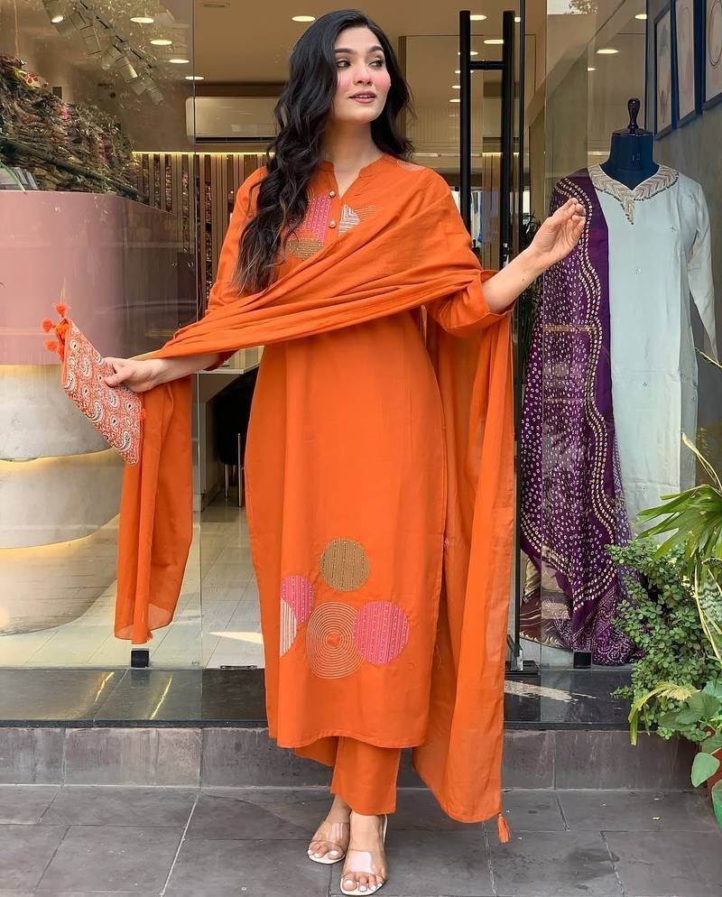 Women's rayon silk embroidered orange kurta pant set with chanderi dupatta