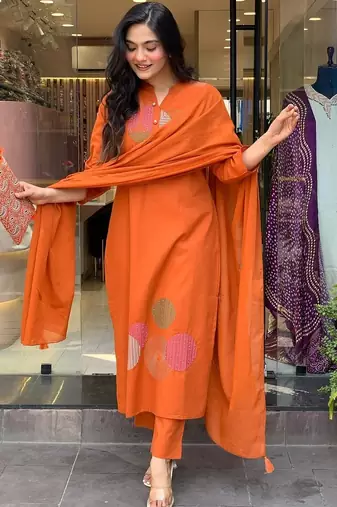 Women's rayon silk embroidered orange kurta pant set with chanderi dupatta