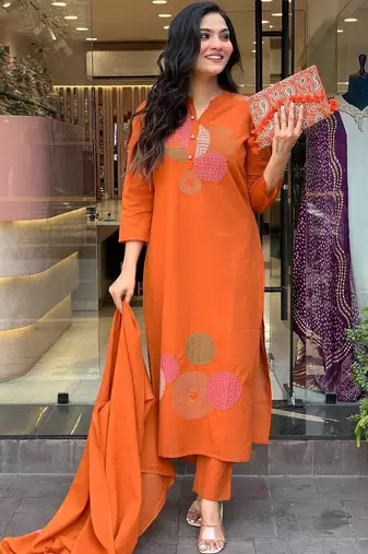 Women's rayon silk embroidered orange kurta pant set with chanderi dupatta