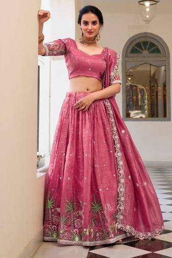 pink floral embroidered lehenga