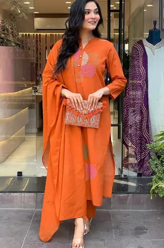 Women's rayon silk embroidered orange kurta pant set with chanderi dupatta