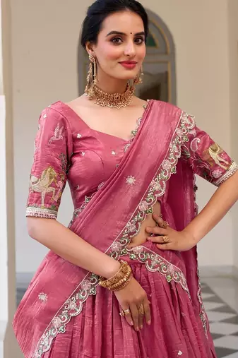 pink floral embroidered lehenga