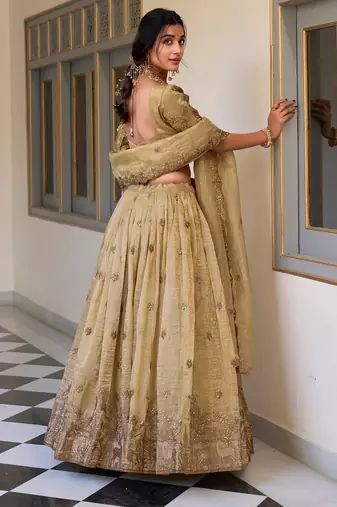light-gold floral printed lehenga