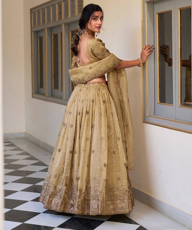 light-gold floral printed lehenga
