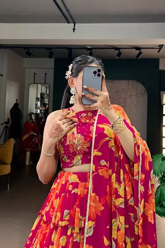  hot pink floral printed lehenga