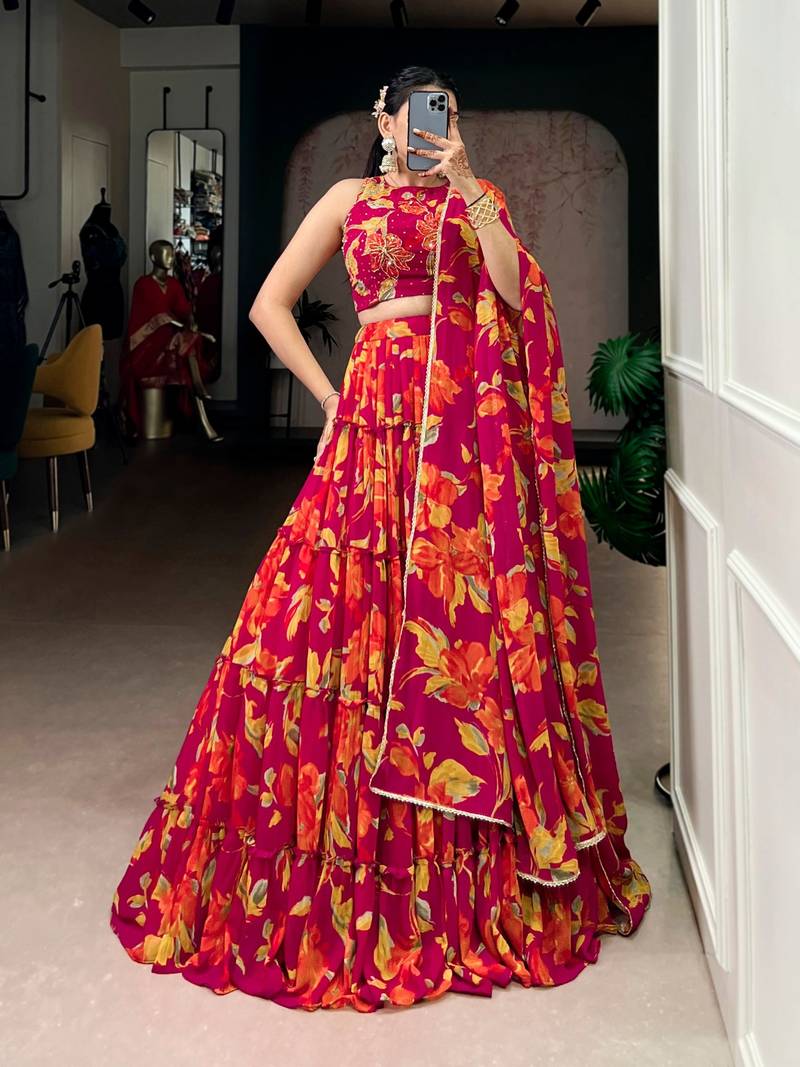  hot pink floral printed lehenga