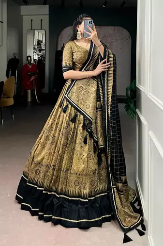 black and gold printed lehenga