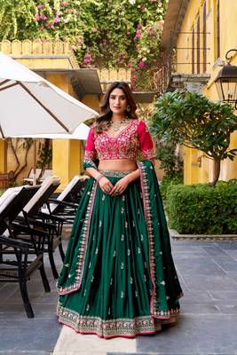 dark-green lehenga with pink embroidered blouse 1