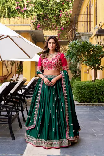 dark-Green Lehenga with Pink Embroidered Blouse