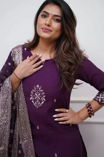 Women's chanderi silk embroidered purple kurta pant set with jacquard dupatta