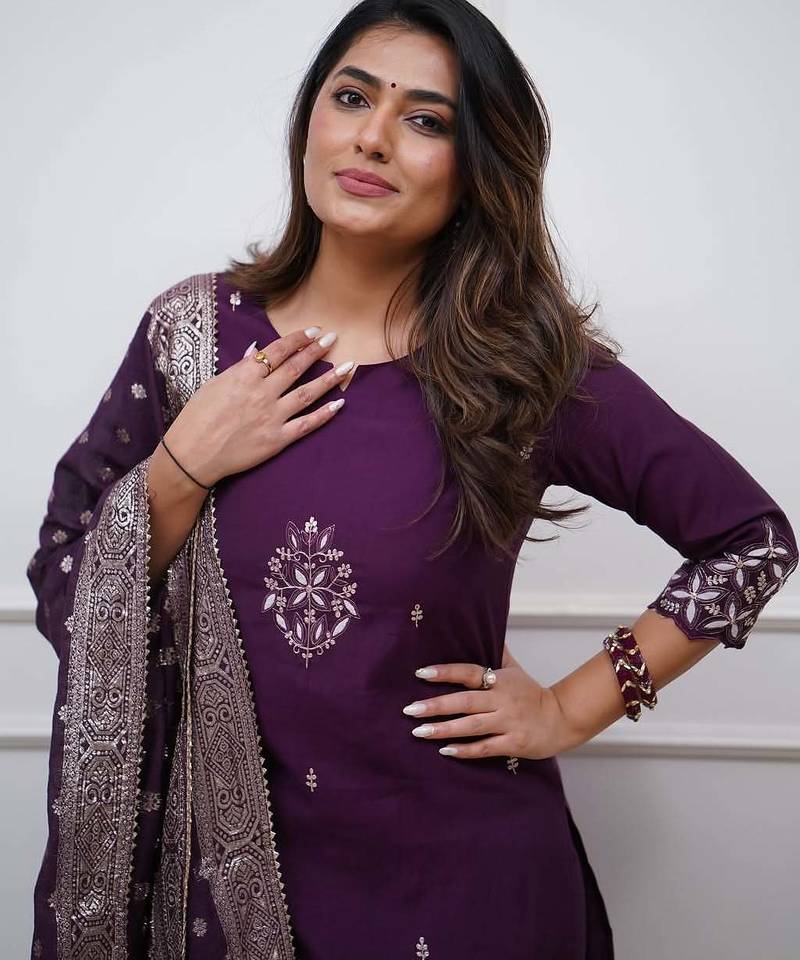 Women's chanderi silk embroidered purple kurta pant set with jacquard dupatta