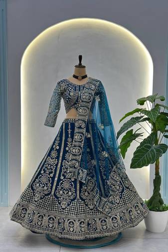 dark- blue heavy embroidered lehenga