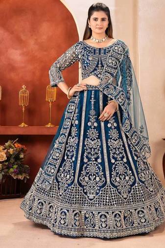 dark- blue heavy embroidered lehenga