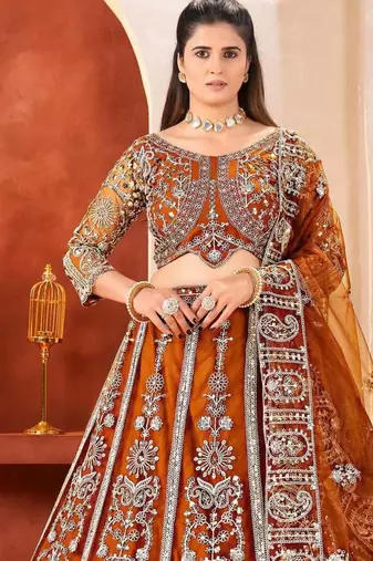 dark mustard embroidered lehenga detail
