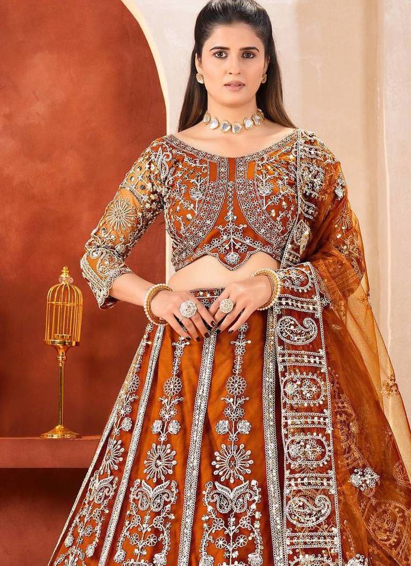 dark mustard embroidered lehenga detail