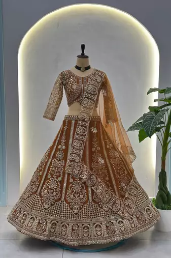 dark mustard embroidered lehenga detail