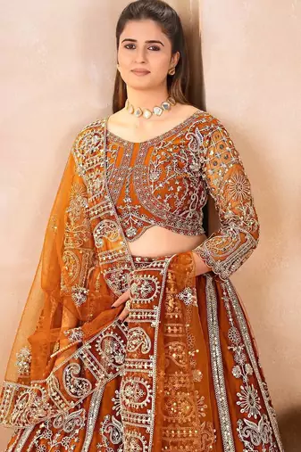 dark mustard embroidered lehenga detail