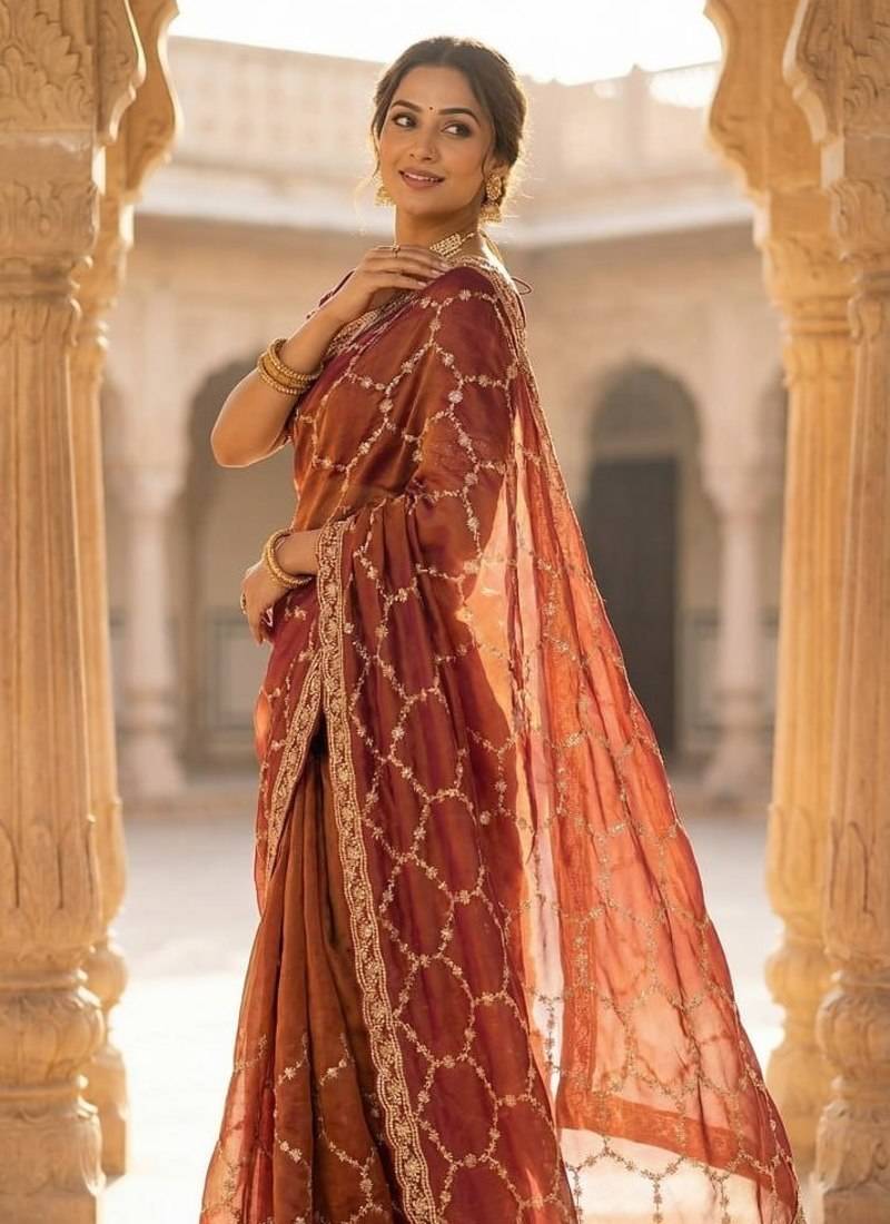 Peach Color Sequence embroidery work with Cut  work border silk Saree