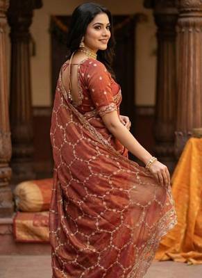 Peach Color Sequence embroidery work with Cut  work border art silk saree 2