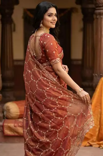 Peach Color Sequence embroidery work with Cut  work border art silk saree
