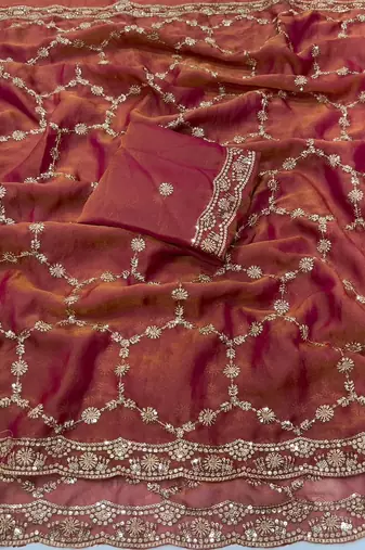 Peach Color Sequence embroidery work with Cut  work border art silk saree