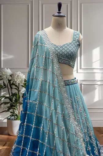 teal and navy-blue  designer lehenga