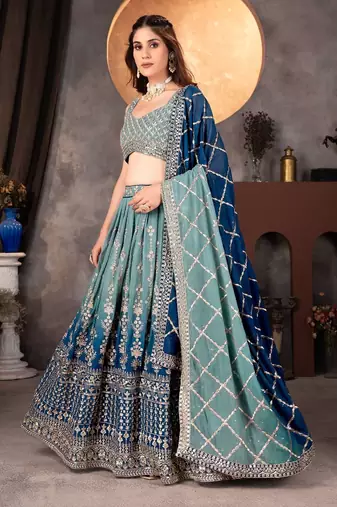 teal and navy-blue  designer lehenga